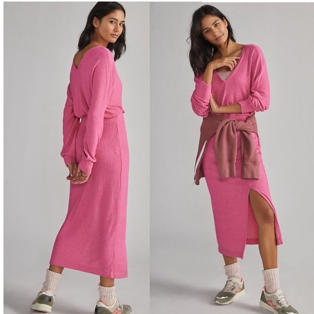 Anthropologie Daily Practice Pink Ribbed Barre Midi V-Neck Dress Size Large NWT